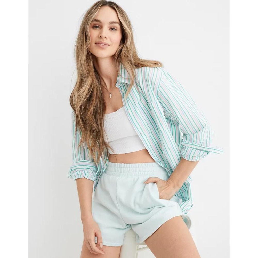 Aerie Button Down Shirt Women Large Green Pink Striped Coastal Relaxed Fit Top‎